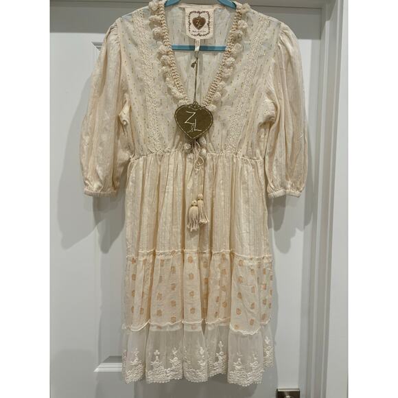 Z&L Cream Boho Lace Tassel Metallic Mini Dress 100% Cotton Size Large NWT - Picture 1 of 4